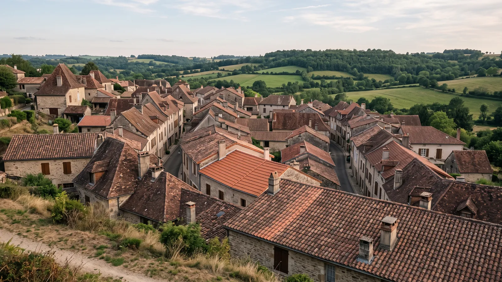Toits de tuiles d'un village vus d'en haut, teintes variées